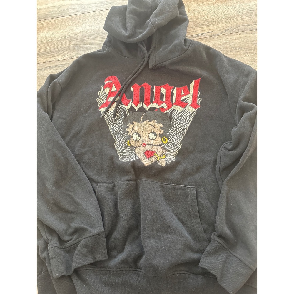 Vintage 80's Betty Boop Angel Graphic Hoodie Black Sweet But Strong Pullover M
